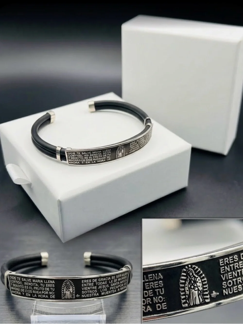 Men's Black Rubber and Sterling Silver 925 Prayer cuff, adjustable cuff